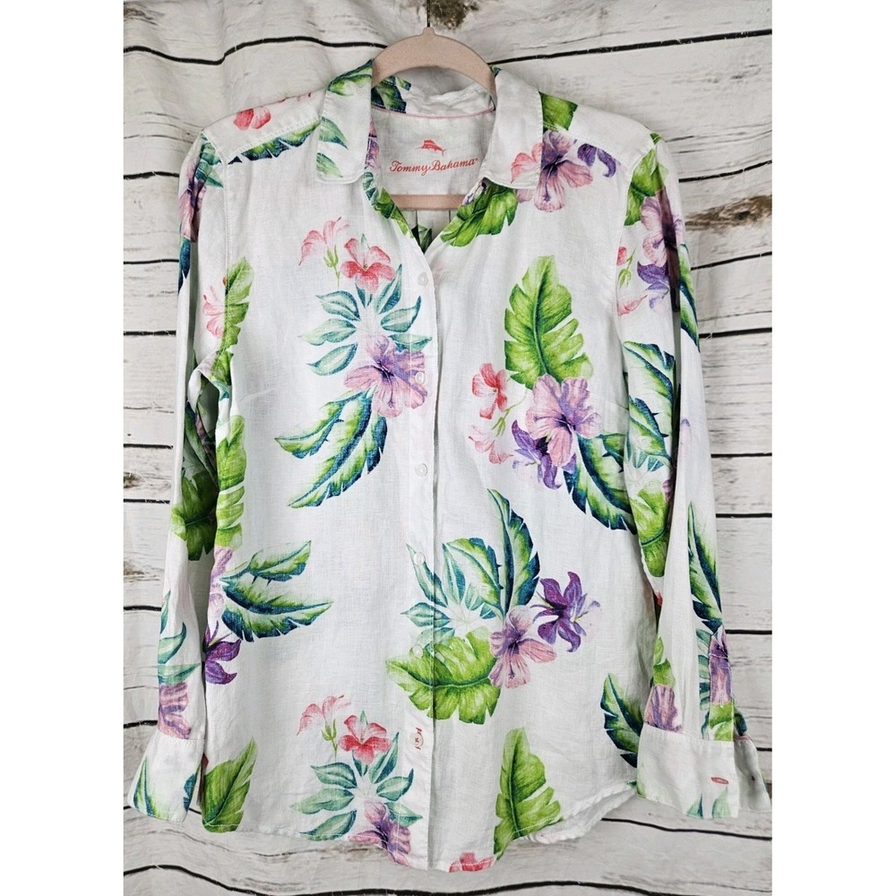 Tommy Bahama 100% Linen Floral Button Tunic Top S Coastal Hawaiian Tropical